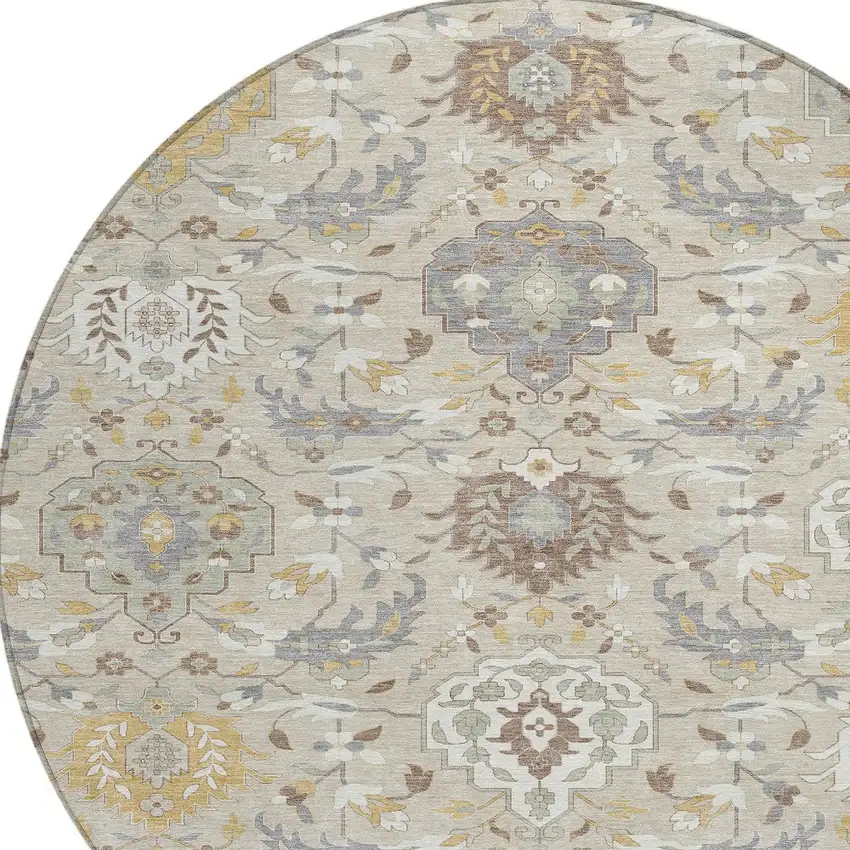 8' Beige Brown And Green Round Damask Washable Indoor Outdoor Area Rug Photo 5