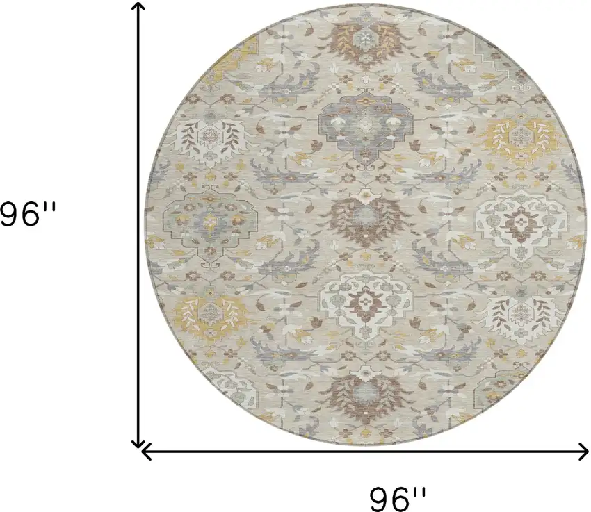 8' Beige Brown And Green Round Damask Washable Indoor Outdoor Area Rug Photo 3