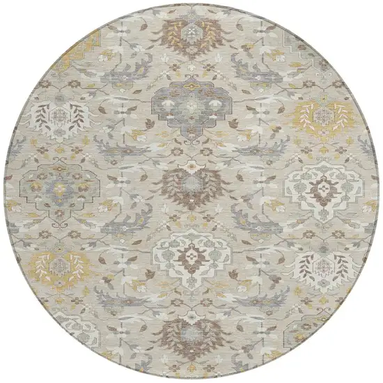 8' Beige Brown And Green Round Damask Washable Indoor Outdoor Area Rug Photo 6