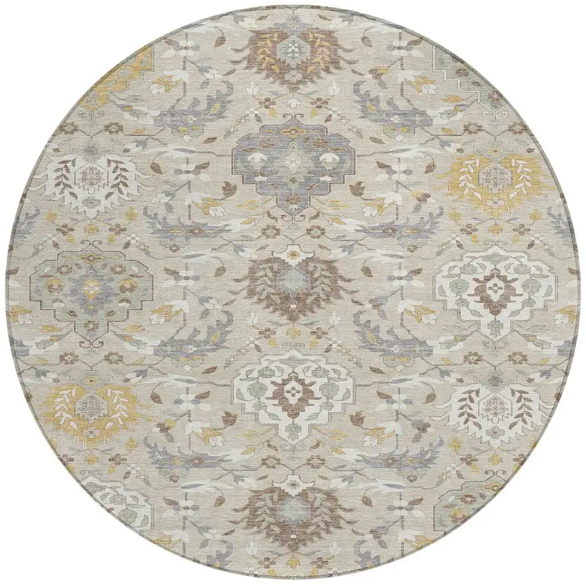8' Beige Brown And Green Round Damask Washable Indoor Outdoor Area Rug Photo 6
