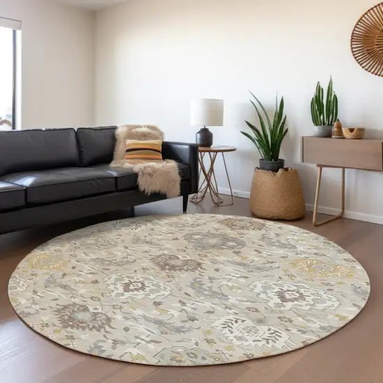 8' Beige Brown And Green Round Damask Washable Indoor Outdoor Area Rug Photo 8