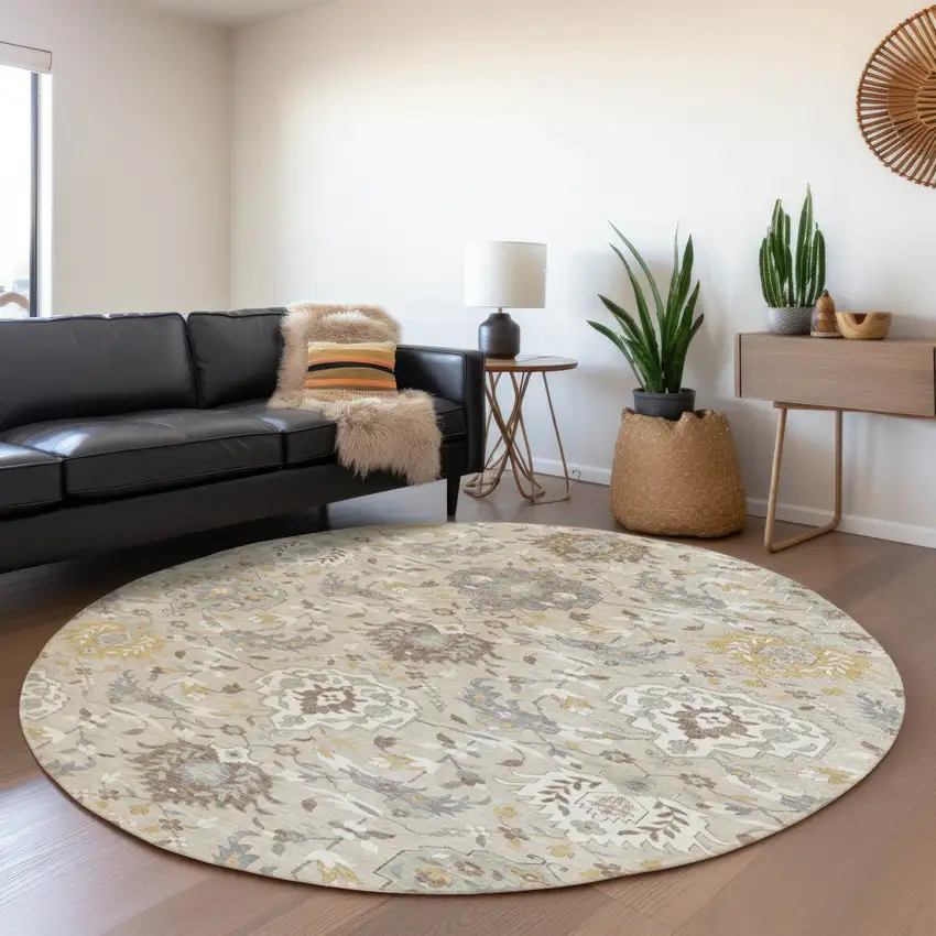 8' Beige Brown And Green Round Damask Washable Indoor Outdoor Area Rug Photo 8