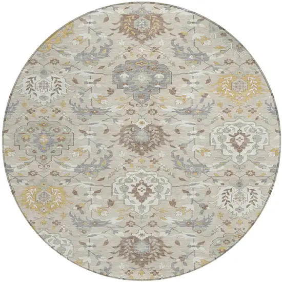 8' Beige Brown And Green Round Damask Washable Indoor Outdoor Area Rug Photo 2