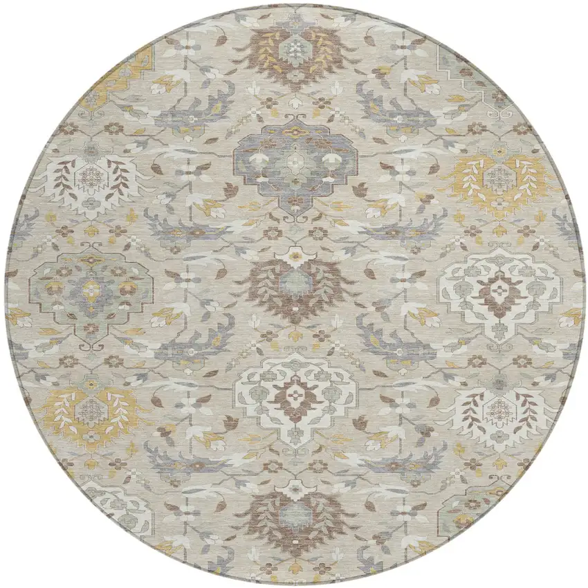 8' Beige Brown And Green Round Damask Washable Indoor Outdoor Area Rug Photo 2