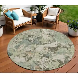 Photo of 8' Beige Brown And Green Round Floral Washable Indoor Outdoor Area Rug
