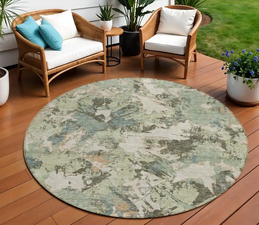 8' Beige Brown And Green Round Floral Washable Indoor Outdoor Area Rug Photo 1