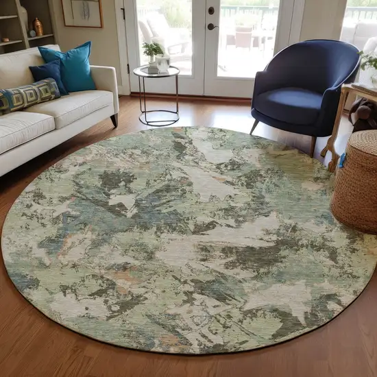 8' Beige Brown And Green Round Floral Washable Indoor Outdoor Area Rug Photo 7