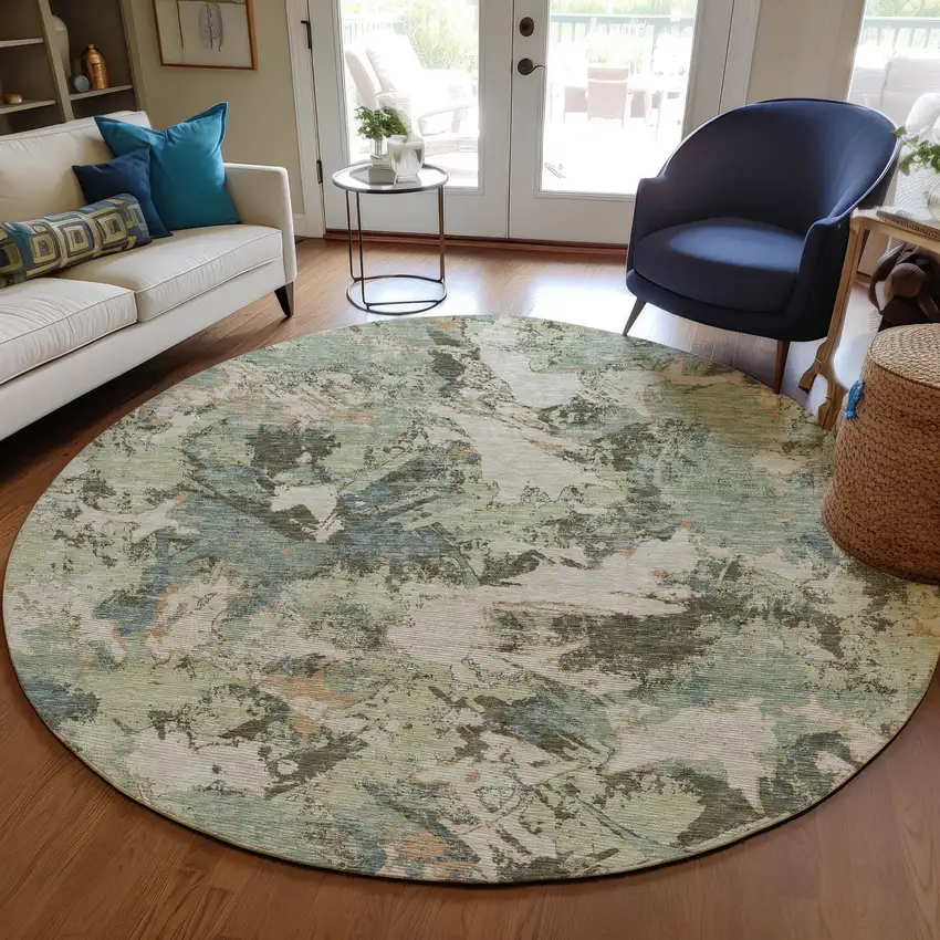 8' Beige Brown And Green Round Floral Washable Indoor Outdoor Area Rug Photo 7