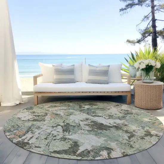 8' Beige Brown And Green Round Floral Washable Indoor Outdoor Area Rug Photo 6