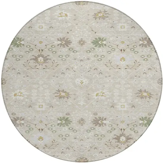 8' Beige Brown And Green Round Oriental Washable Indoor Outdoor Area Rug Photo 2