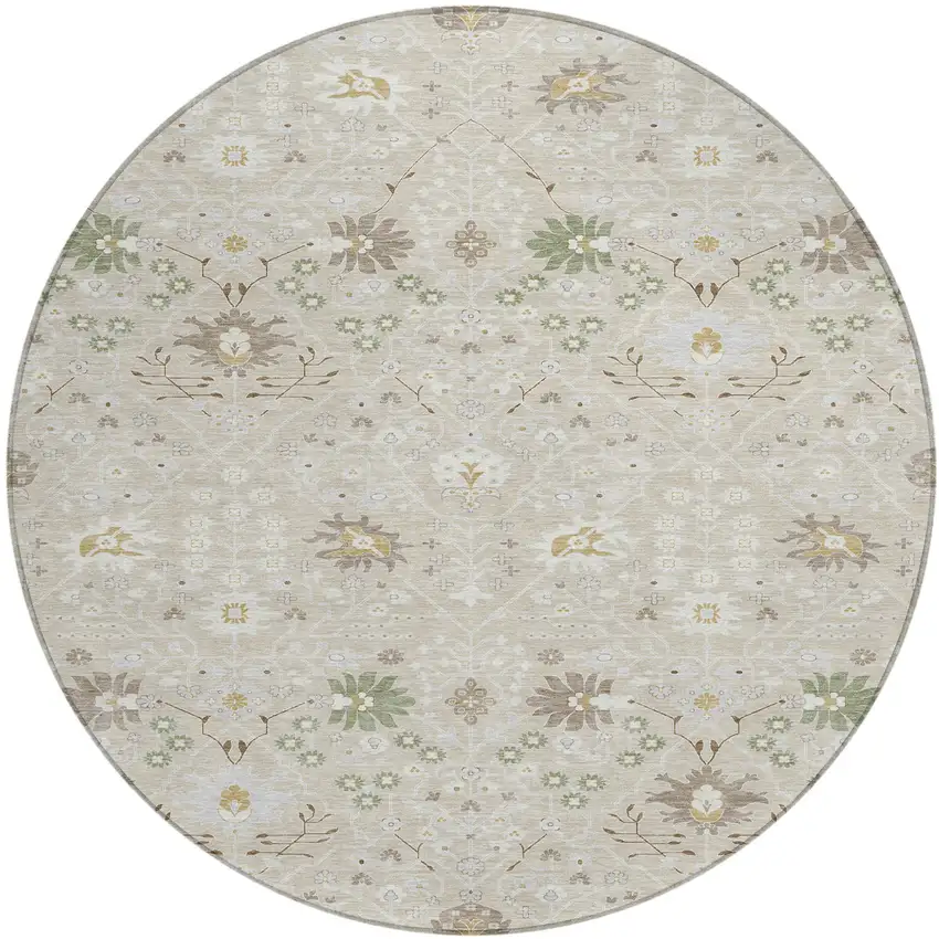 8' Beige Brown And Green Round Oriental Washable Indoor Outdoor Area Rug Photo 2