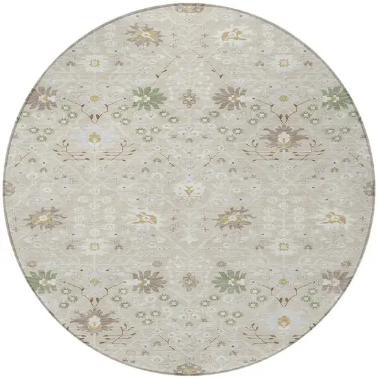 8' Beige Brown And Green Round Oriental Washable Indoor Outdoor Area Rug Photo 5