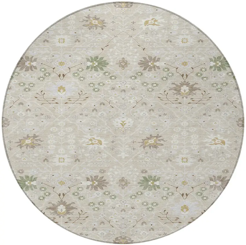 8' Beige Brown And Green Round Oriental Washable Indoor Outdoor Area Rug Photo 5