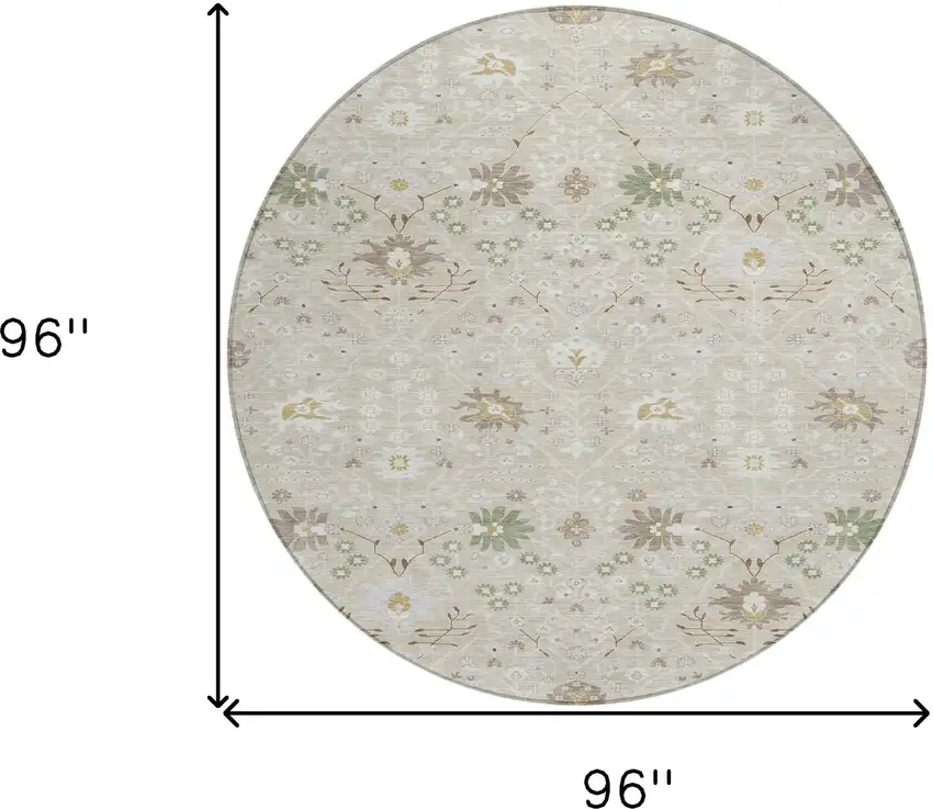 8' Beige Brown And Green Round Oriental Washable Indoor Outdoor Area Rug Photo 3
