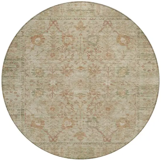8' Beige Brown And Green Round Oriental Washable Indoor Outdoor Area Rug Photo 6