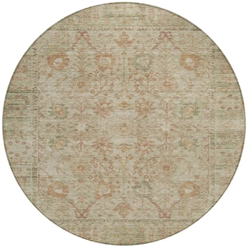 8' Beige Brown And Green Round Oriental Washable Indoor Outdoor Area Rug Photo 6