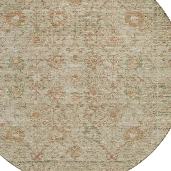 8' Beige Brown And Green Round Oriental Washable Indoor Outdoor Area Rug Photo 5