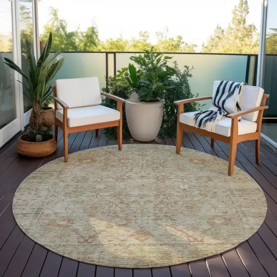 8' Beige Brown And Green Round Oriental Washable Indoor Outdoor Area Rug Photo 7