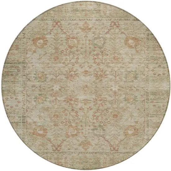 8' Beige Brown And Green Round Oriental Washable Indoor Outdoor Area Rug Photo 2