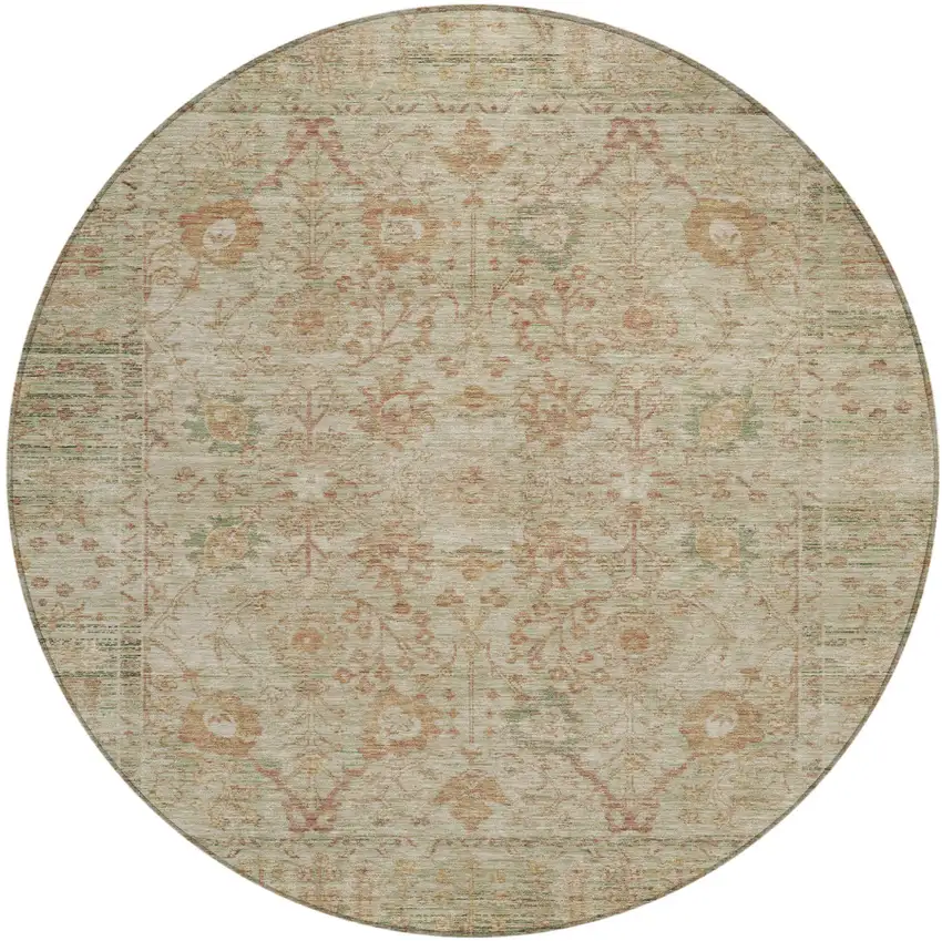 8' Beige Brown And Green Round Oriental Washable Indoor Outdoor Area Rug Photo 2