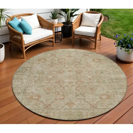 8' Beige Brown And Green Round Oriental Washable Indoor Outdoor Area Rug Photo 1