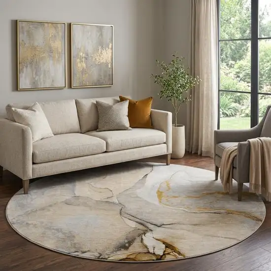 8' Beige Brown And Ivory Abstract Washable Round Rug With UV Protection Photo 1