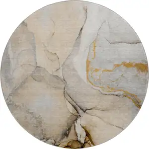 Photo of 8' Beige Brown And Ivory Abstract Washable Round Rug With UV Protection