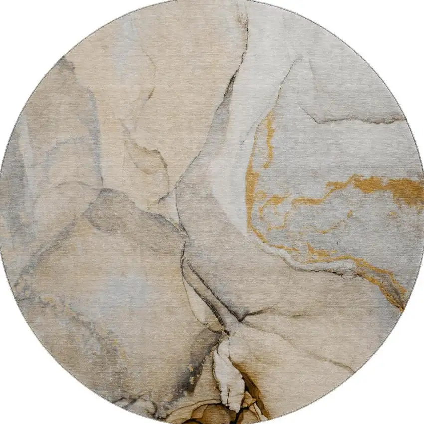 8' Beige Brown And Ivory Abstract Washable Round Rug With UV Protection Photo 4