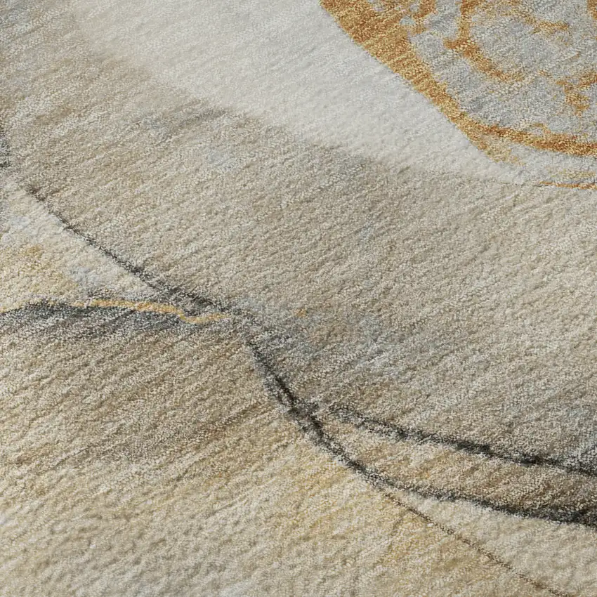 8' Beige Brown And Ivory Abstract Washable Round Rug With UV Protection Photo 9