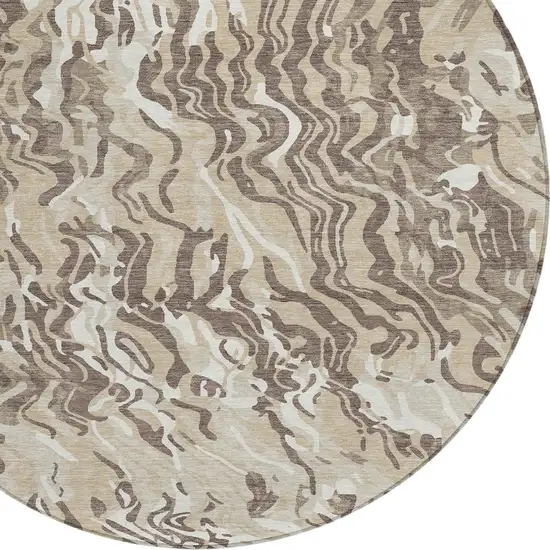8' Beige Brown And Ivory Round Abstract Washable Indoor Outdoor Area Rug Photo 4