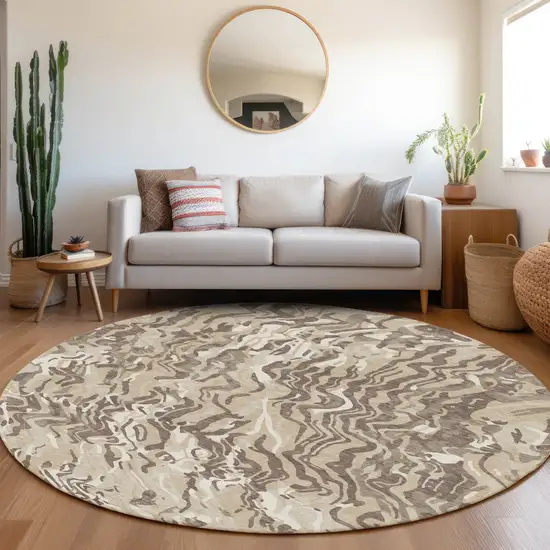 8' Beige Brown And Ivory Round Abstract Washable Indoor Outdoor Area Rug Photo 7