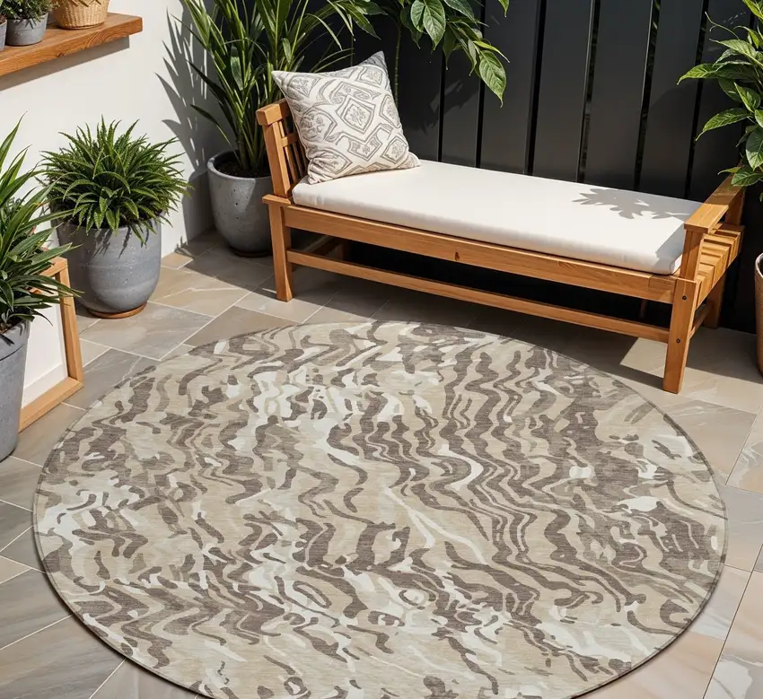 8' Beige Brown And Ivory Round Abstract Washable Indoor Outdoor Area Rug Photo 1