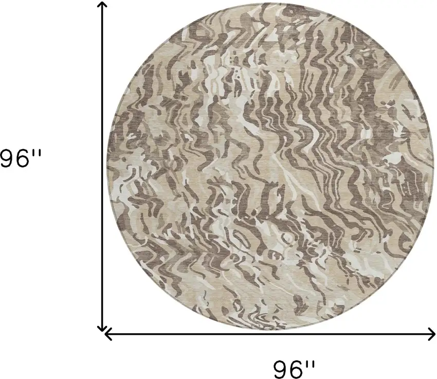8' Beige Brown And Ivory Round Abstract Washable Indoor Outdoor Area Rug Photo 3