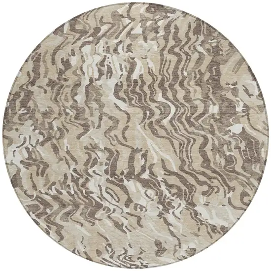 8' Beige Brown And Ivory Round Abstract Washable Indoor Outdoor Area Rug Photo 5