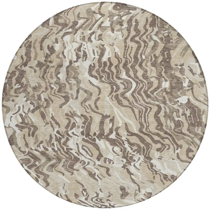 8' Beige Brown And Ivory Round Abstract Washable Indoor Outdoor Area Rug Photo 5