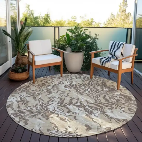 8' Beige Brown And Ivory Round Abstract Washable Indoor Outdoor Area Rug Photo 6