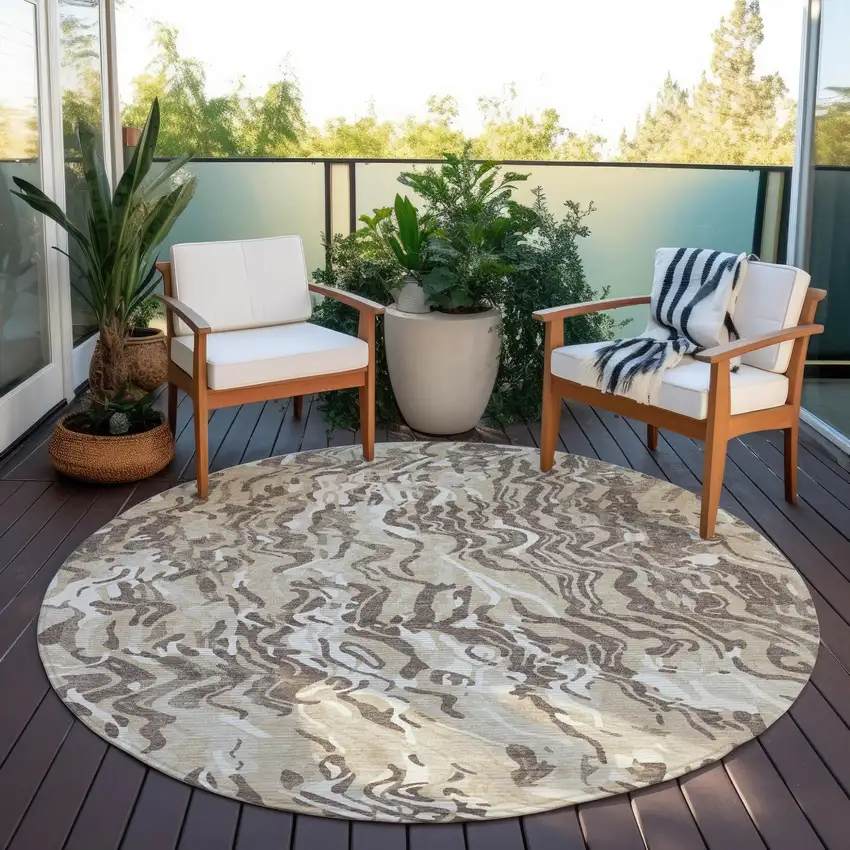 8' Beige Brown And Ivory Round Abstract Washable Indoor Outdoor Area Rug Photo 6
