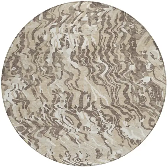 8' Beige Brown And Ivory Round Abstract Washable Indoor Outdoor Area Rug Photo 2