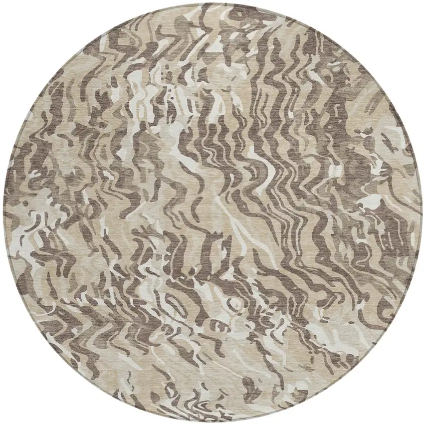 8' Beige Brown And Ivory Round Abstract Washable Indoor Outdoor Area Rug Photo 2
