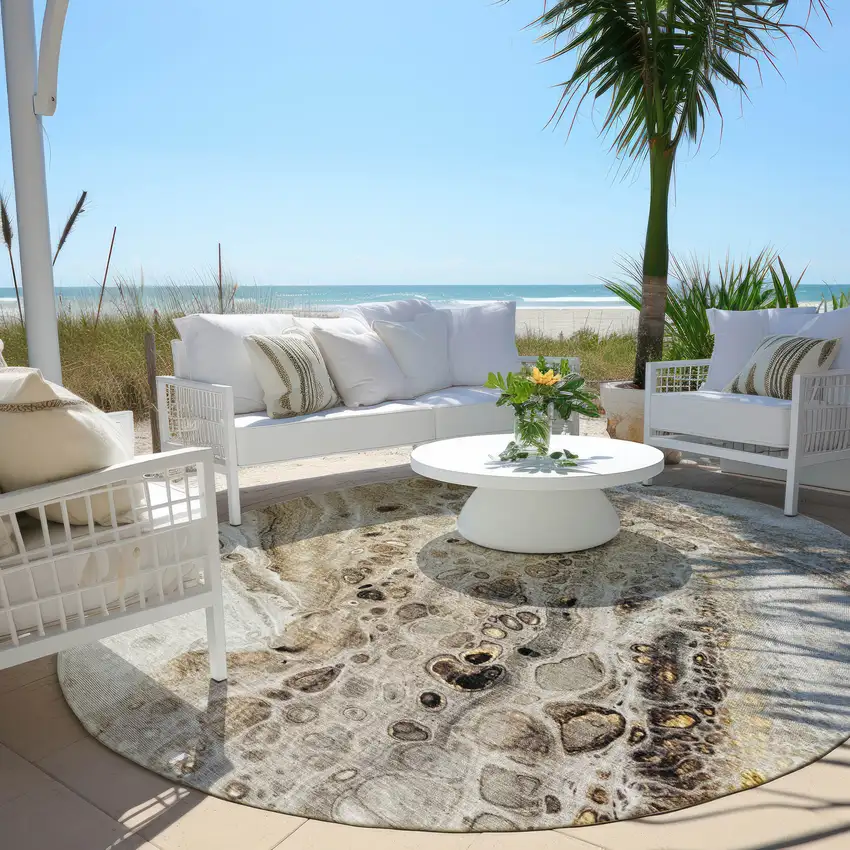 8' Beige Brown And Ivory Round Abstract Washable Indoor Outdoor Area Rug Photo 5