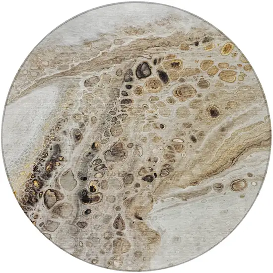8' Beige Brown And Ivory Round Abstract Washable Indoor Outdoor Area Rug Photo 4