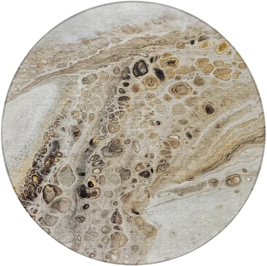 8' Beige Brown And Ivory Round Abstract Washable Indoor Outdoor Area Rug Photo 4