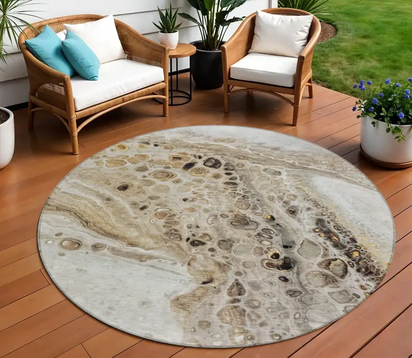 8' Beige Brown And Ivory Round Abstract Washable Indoor Outdoor Area Rug Photo 2