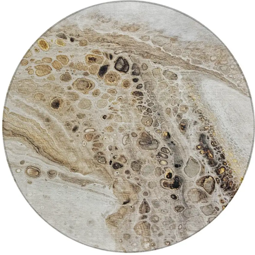 8' Beige Brown And Ivory Round Abstract Washable Indoor Outdoor Area Rug Photo 3