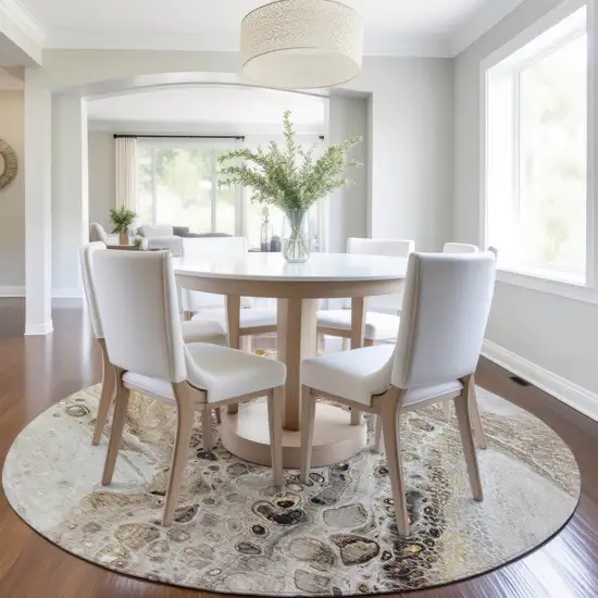 8' Beige Brown And Ivory Round Abstract Washable Indoor Outdoor Area Rug Photo 6