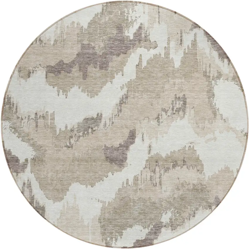 8' Beige Brown And Ivory Round Abstract Washable Indoor Outdoor Area Rug Photo 2