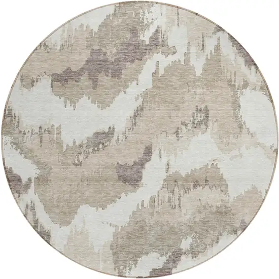 8' Beige Brown And Ivory Round Abstract Washable Indoor Outdoor Area Rug Photo 2