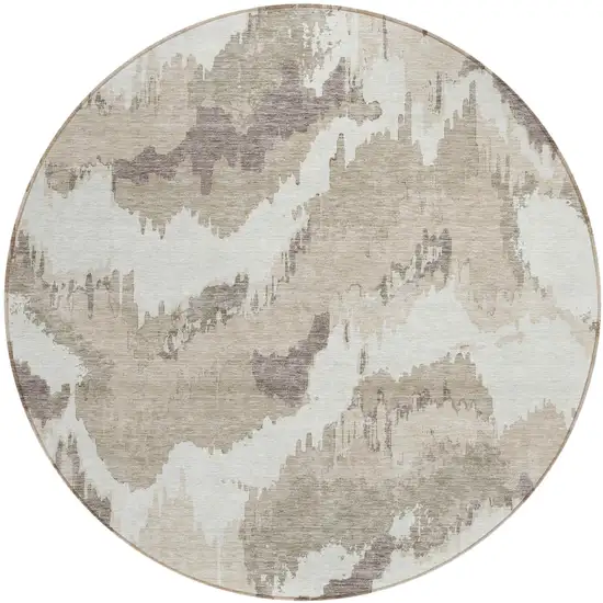 8' Beige Brown And Ivory Round Abstract Washable Indoor Outdoor Area Rug Photo 2