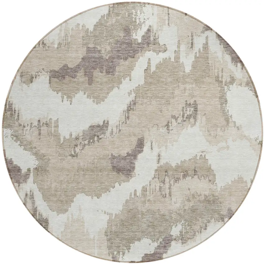 8' Beige Brown And Ivory Round Abstract Washable Indoor Outdoor Area Rug Photo 2
