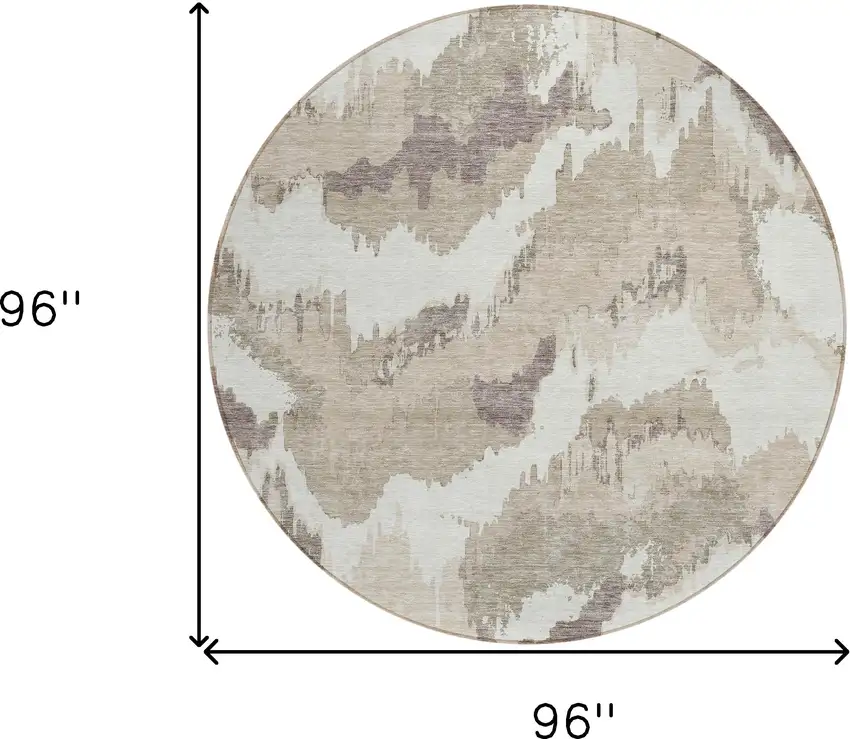 8' Beige Brown And Ivory Round Abstract Washable Indoor Outdoor Area Rug Photo 3